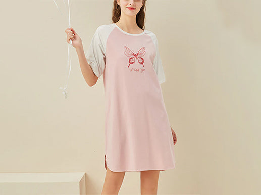 Pink Butterfly Print Short Sleeve Nightgown