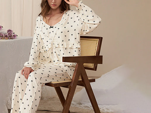Your Sleepwear Game with the White Bowknot Print 3-Piece Pajama Set
