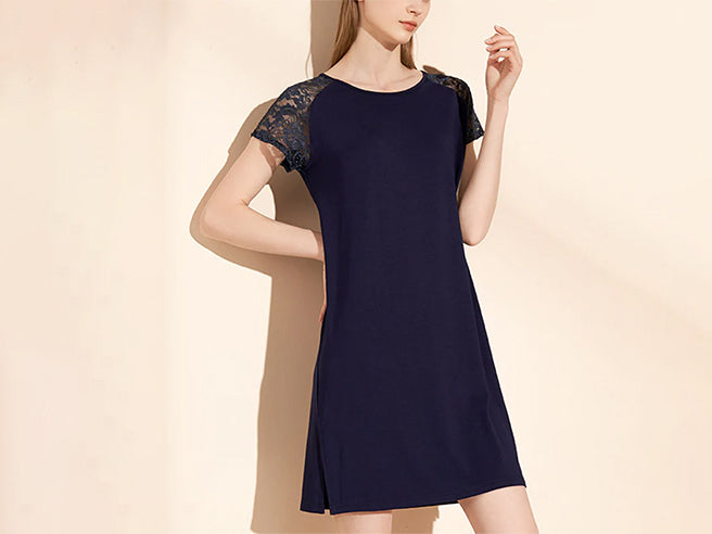 Fashion Navy Lace Sleeves Sleepdress