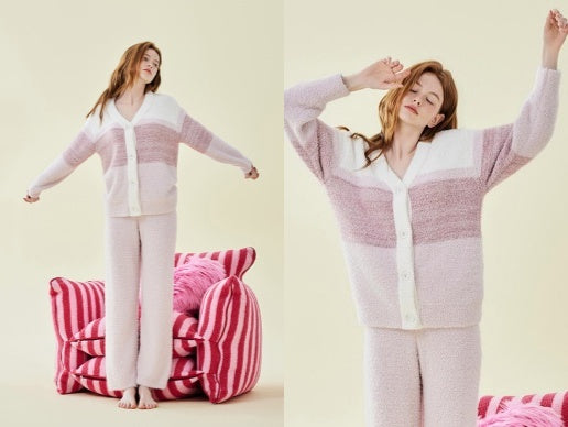 Enjoy the night of tenderness -- 'Pink V-Neck Velvet Long Sleeve Trousers Pajamas Set'