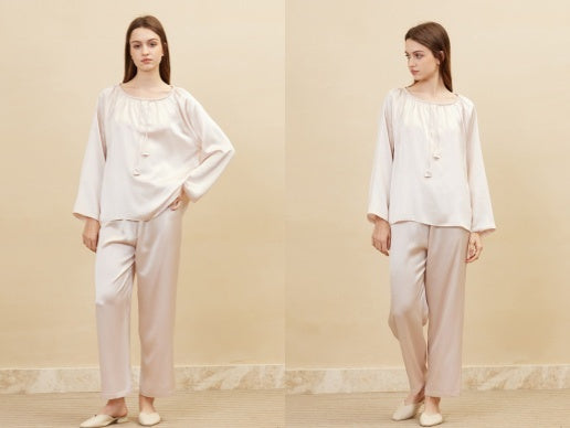 Elegant choice: '19 Momme Mulberry Silk Taro Pink Pullover Long Sleeve Trousers Pajamas Set'