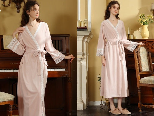 Vintage style: A charming interpretation of 'Vintage Pink Lace Velvet Long Sleeve Robe'