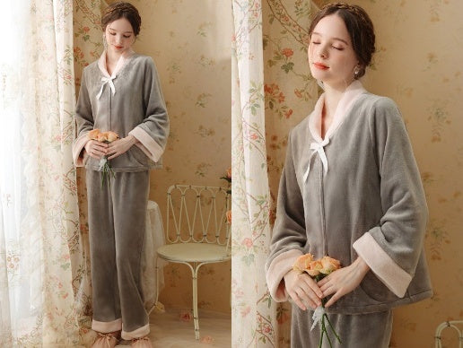 'Elegant Grey Velvet Long Sleeve Trousers Pajama Set With Bow: Your Ultimate Comfort Choice'