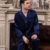 100% Mulberry Silk Dark Blue Men's Long Sleeve Trousers Pajamas Set