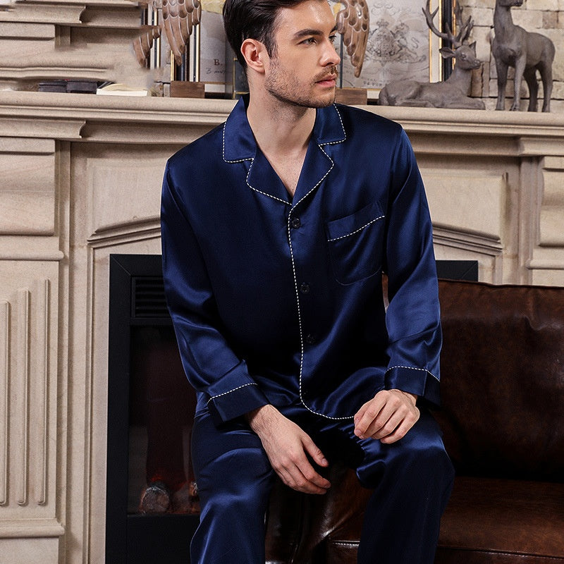 100% Mulberry Silk Dark Blue Men's Long Sleeve Trousers Pajamas Set