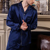 100% Mulberry Silk Dark Blue Men's Long Sleeve Trousers Pajamas Set