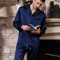 100% Mulberry Silk Dark Blue Men's Long Sleeve Trousers Pajamas Set