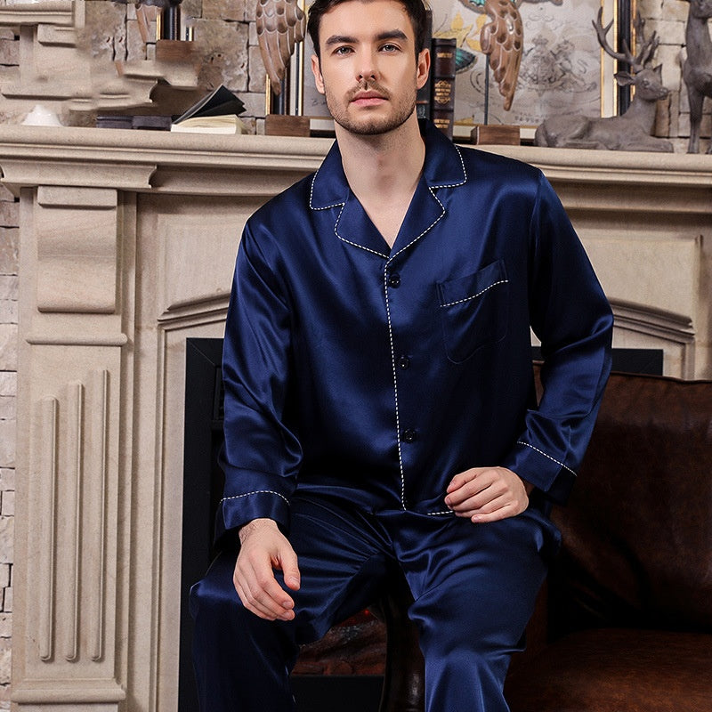 100% Mulberry Silk Dark Blue Men's Long Sleeve Trousers Pajamas Set