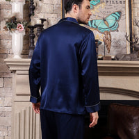 100% Mulberry Silk Dark Blue Men's Long Sleeve Trousers Pajamas Set