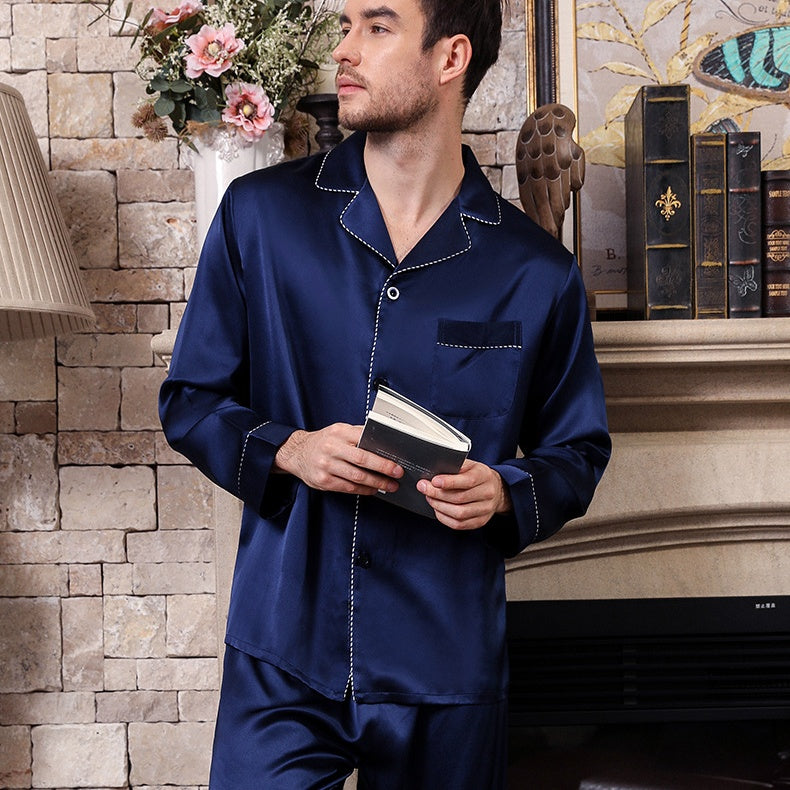 100% Mulberry Silk Dark Blue Men's Long Sleeve Trousers Pajamas Set