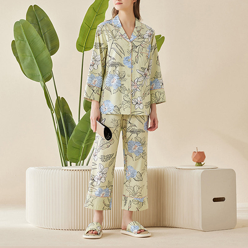 Flowers Printed Trimmed Pajama Set