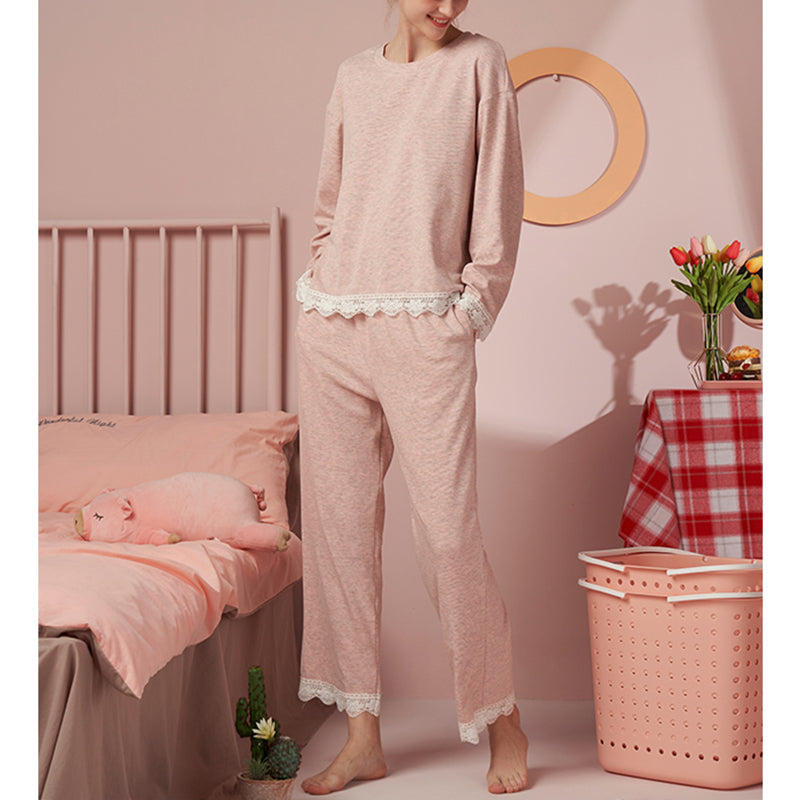 Pink Round Neck Pajama Set with Lace Trim