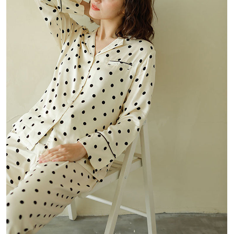 Beige Polka Dots Print Long Sleeved Pajama Set