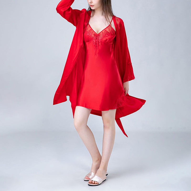 Floral Hollow Out Lace Nightdress and Robe Set