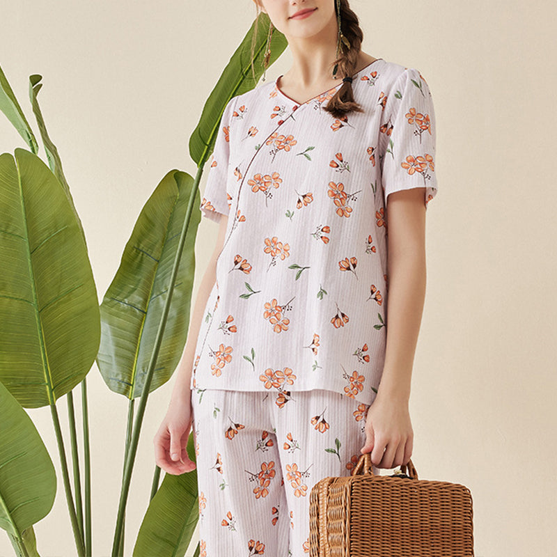 Floral Print Cotton Short Sleeved Pajama Set