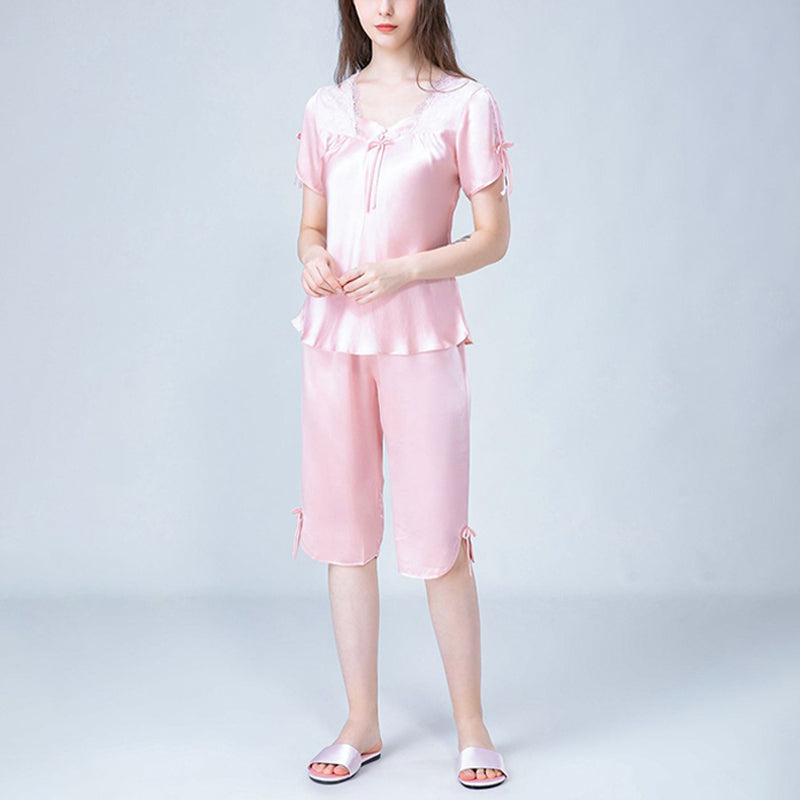 Square Neck Silk Pajamas with Sher Lace Detail