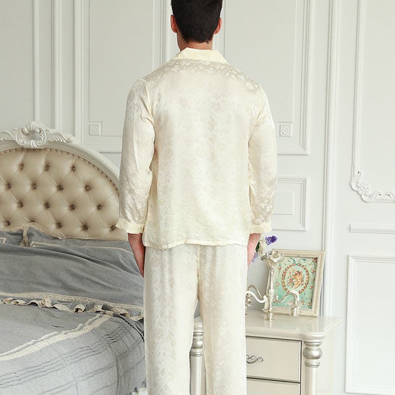 Men's Long Sleeve Trousers Pajamas Set In Solid Color Mulberry Silk