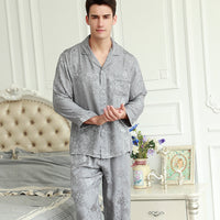 Men's Long Sleeve Trousers Pajamas Set In Solid Color Mulberry Silk