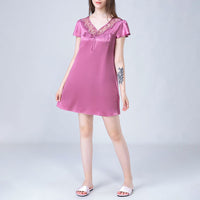 V Neck Hollow Out Lace Silk Nightdress