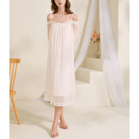 White Off-the-shouler Mesh Long Sleeves Nightgown