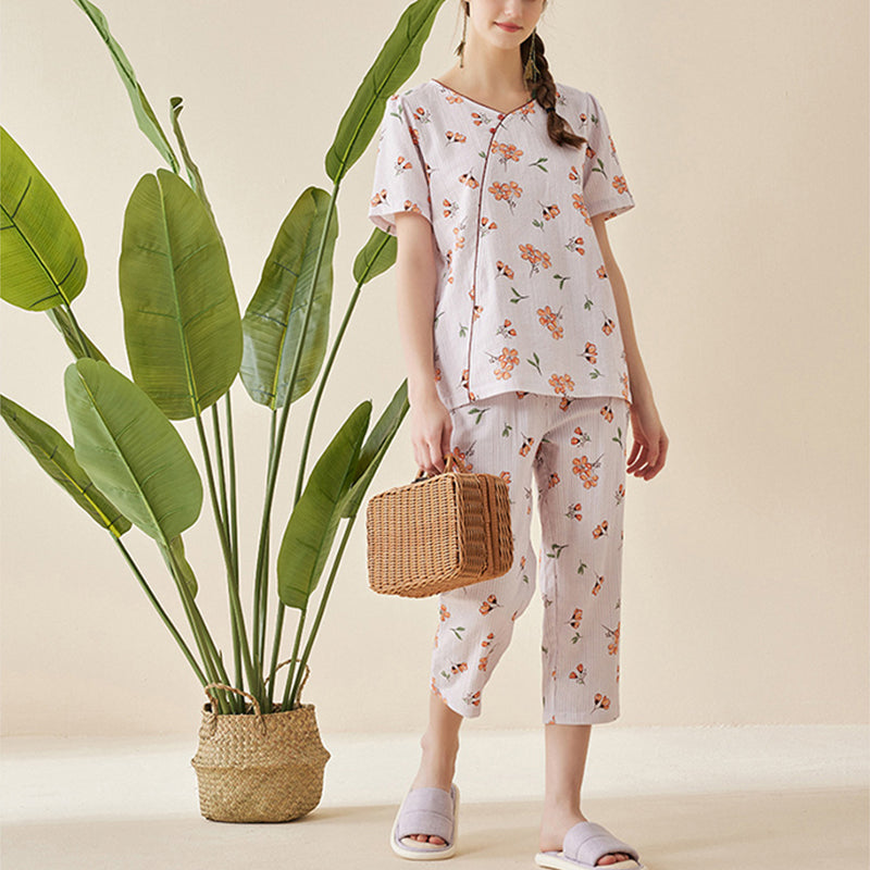 Floral Print Cotton Short Sleeved Pajama Set