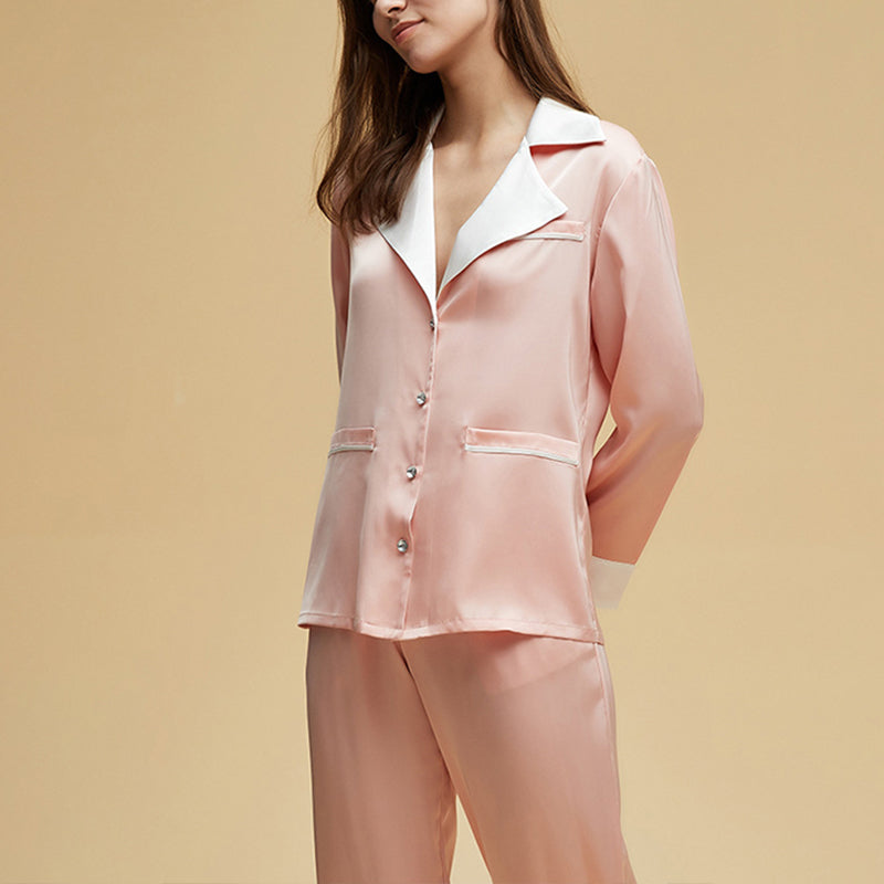 Color Block Notched Collar Pajama Set