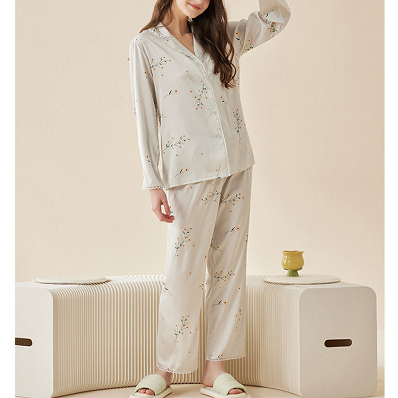 Flowers Printed Lace Trimmed Pajama Set