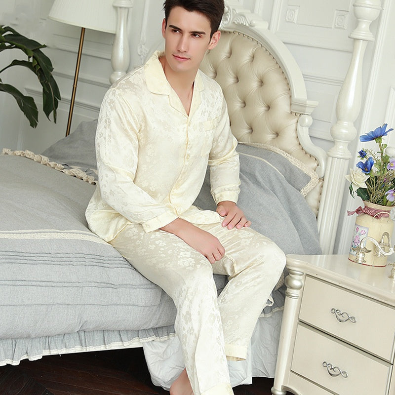 Men's Long Sleeve Trousers Pajamas Set In Solid Color Mulberry Silk