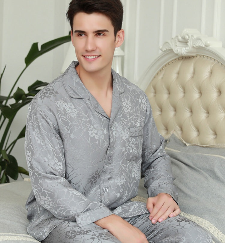 Men's Long Sleeve Trousers Pajamas Set In Solid Color Mulberry Silk