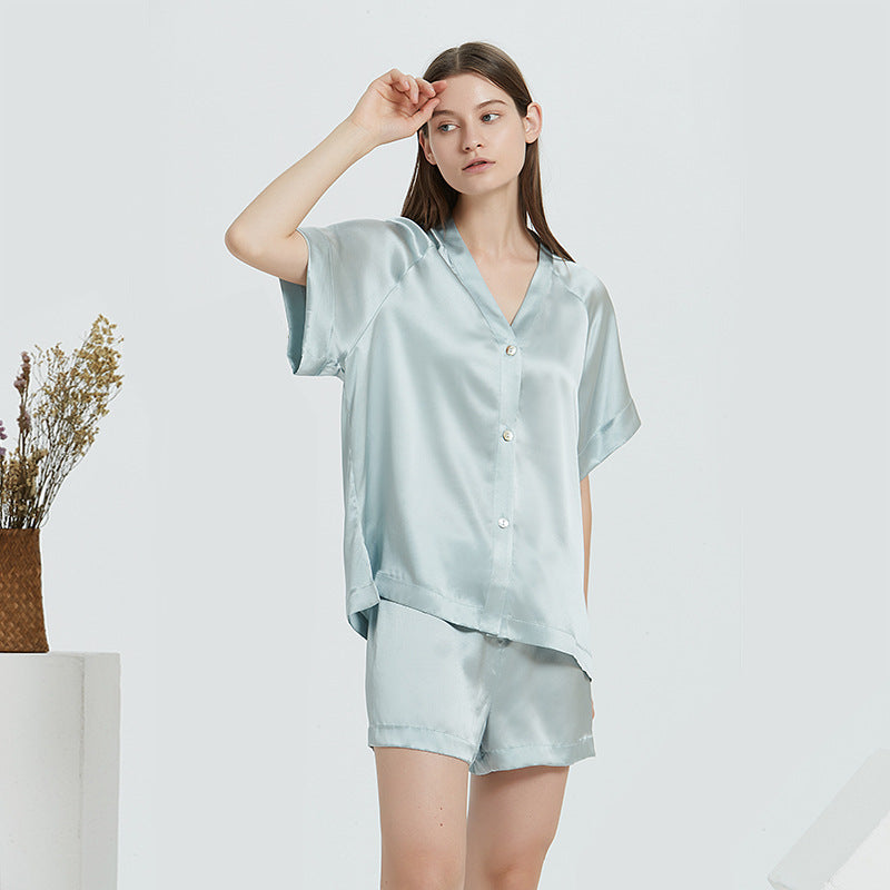 19 Momme 100% Mulberry Silk V-Neck Short Sleeve Shorts Pajamas Set