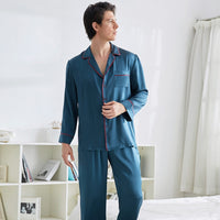 100% Mulberry Silk V-Neck Men's Long Sleeve Trousers Pajamas Set