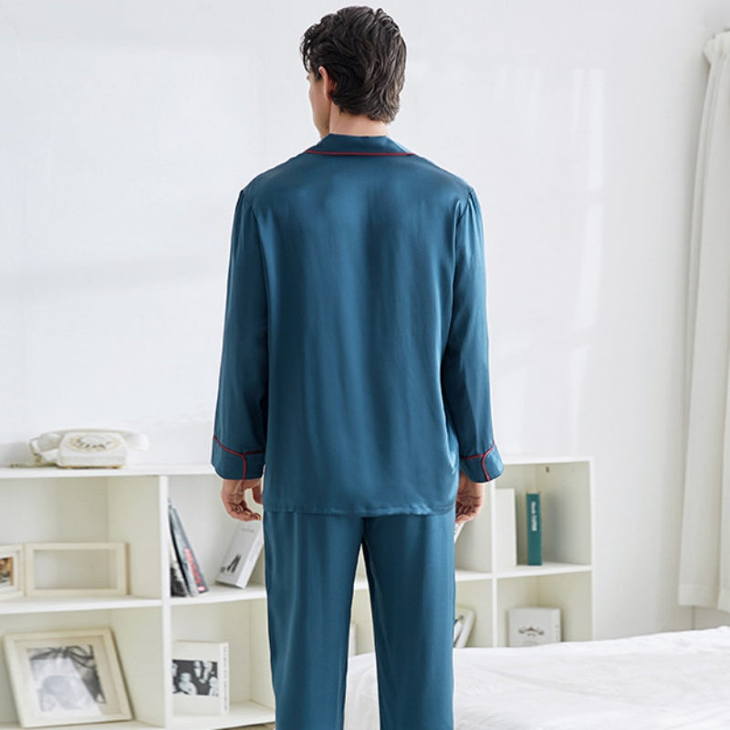 100% Mulberry Silk V-Neck Men's Long Sleeve Trousers Pajamas Set