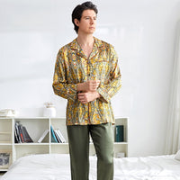 100% Mulberry Silk Printed Men's Long Sleeve Trousers Pajamas Set