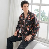 100% Mulberry Silk Printed Men's Long Sleeve Trousers Pajamas Set