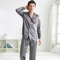 100% Mulberry Silk V-Neck Men's Long Sleeve Trousers Pajamas Set