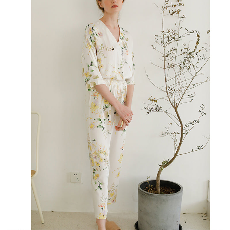 Floral Print V Neck Pajama Set