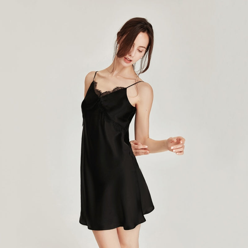 100% Mulberry Silk Sexy Lace V-Neck Sling Nightdress