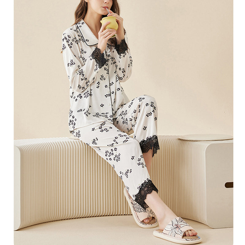 Cute Print Lace Trimmed Pajama Set