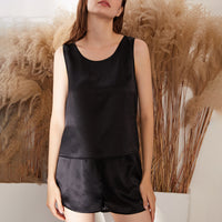 Black Silk Tank Top Shorts Suit Summer Sleeveless Shirt