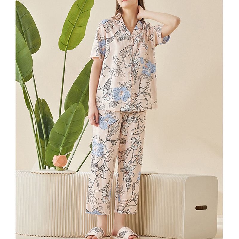 Flowers Printed Trimmed Short Sleeved Pajama Set