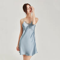 100% Mulberry Silk Sexy Lace V-Neck Sling Nightdress