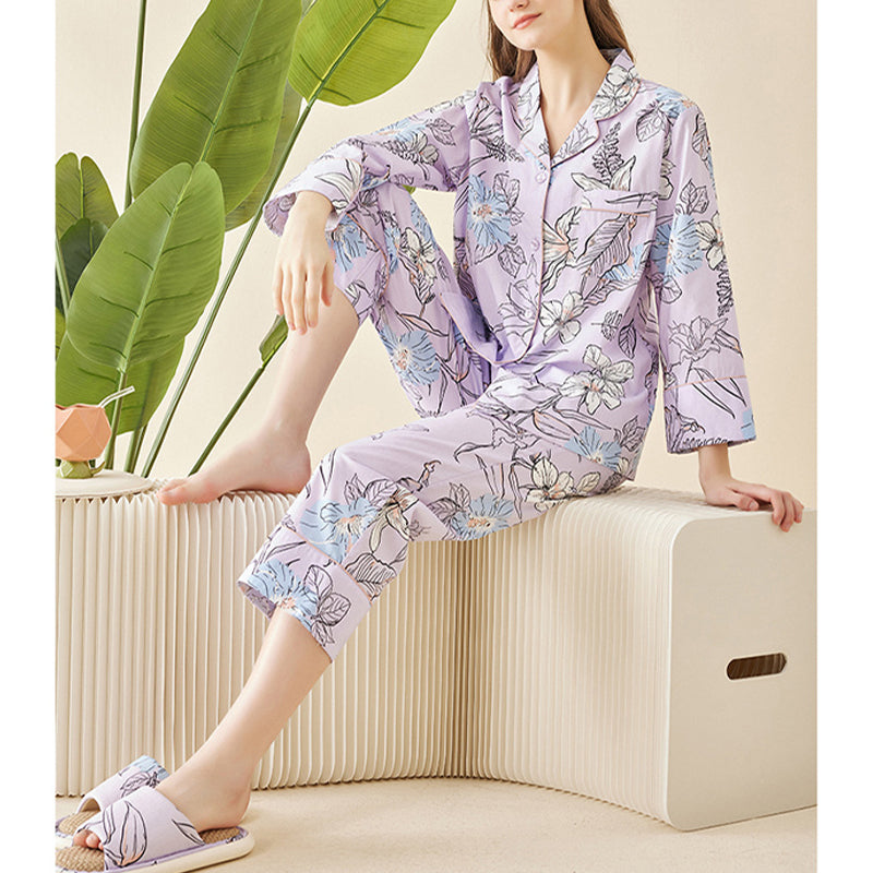 Flowers Printed Trimmed Pajama Set