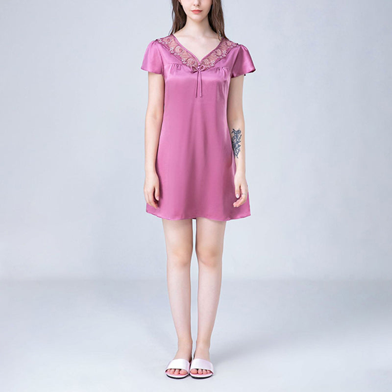 V Neck Hollow Out Lace Silk Nightdress