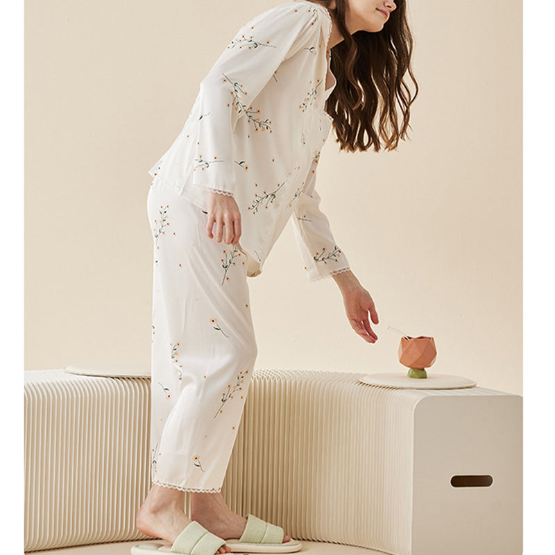 Flowers Printed Lace Trimmed Pajama Set