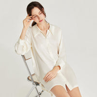 100% Mulberry Silk Solid color Long Sleeve Shirt Dress