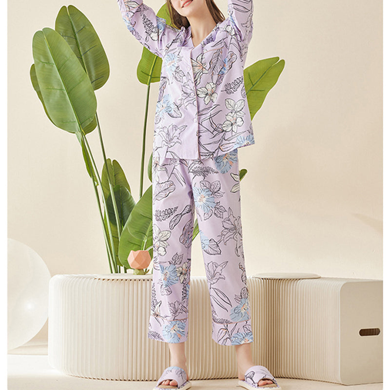 Flowers Printed Trimmed Pajama Set