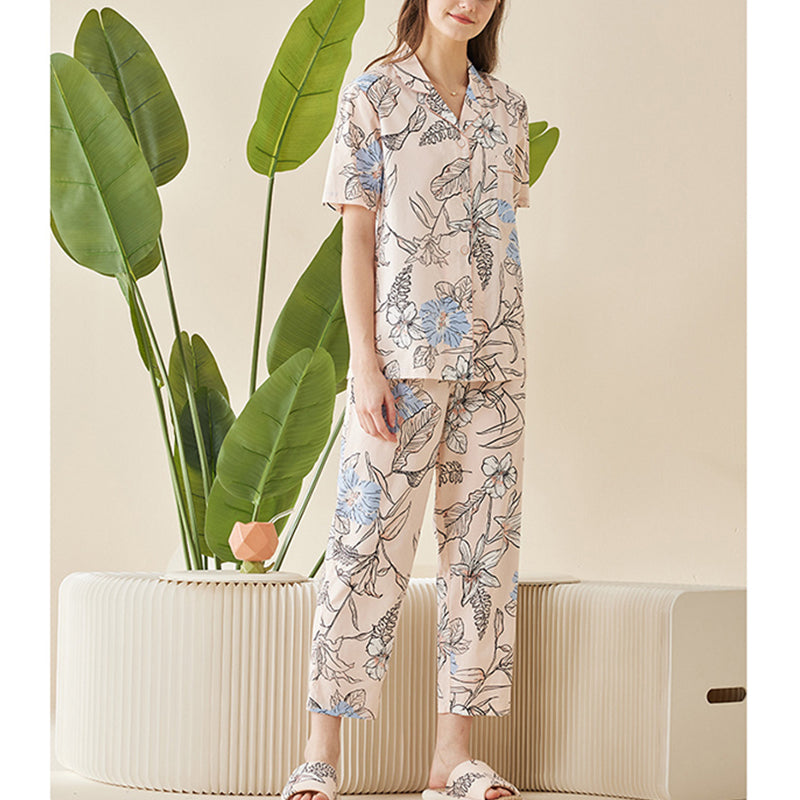 Flowers Printed Trimmed Short Sleeved Pajama Set