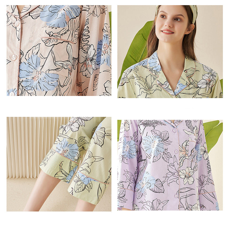 Flowers Printed Trimmed Pajama Set