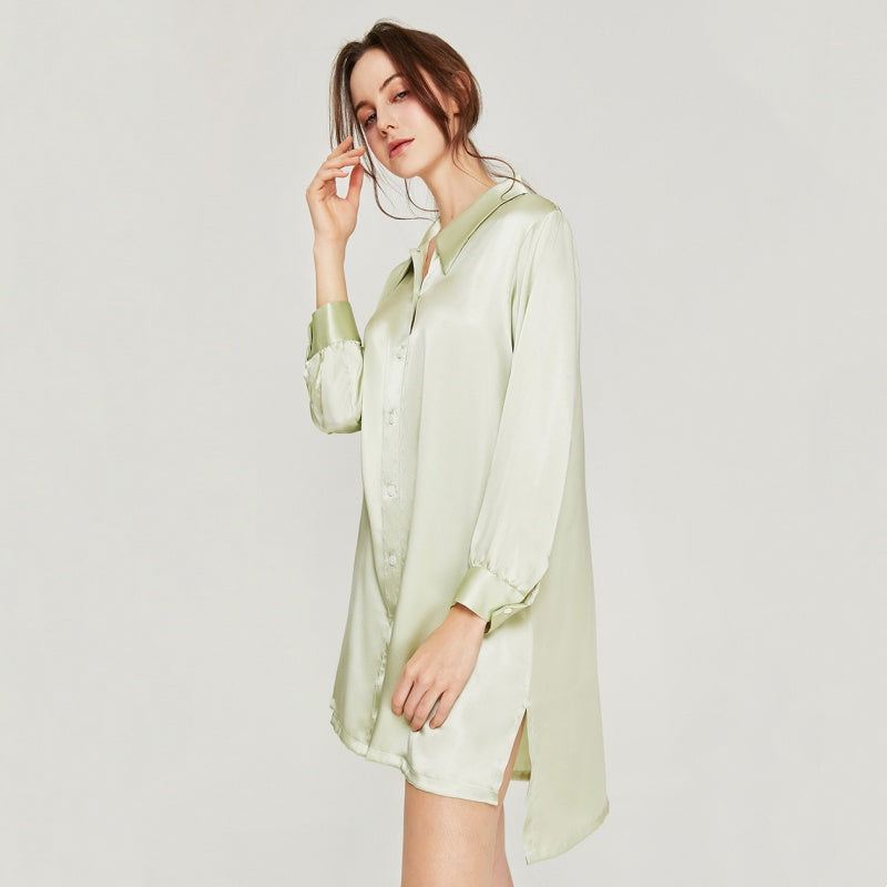 100% Mulberry Silk Solid color Long Sleeve Shirt Dress