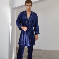 19 Momme Mulberry Silk Men's Long Sleeve Trousers Robe Set